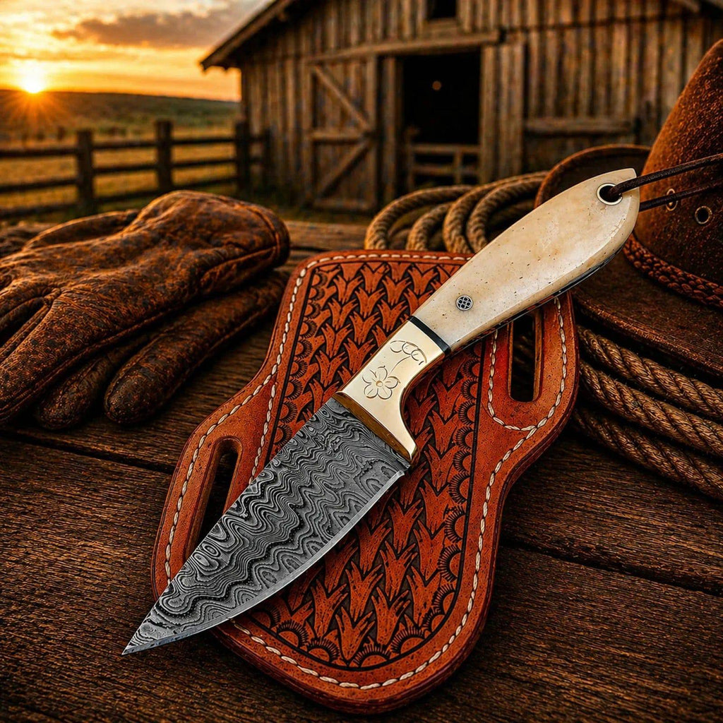 Cowboy Belt Knife with 3.5-inch Damascus steel blade and bone handle, by SHAM KNIVES, displayed on a rustic leather belt.