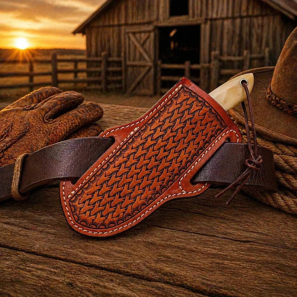 Cowboy Belt Knife with 3.5-inch Damascus steel blade and bone handle, crafted by SHAM KNIVES for rugged outdoor use.