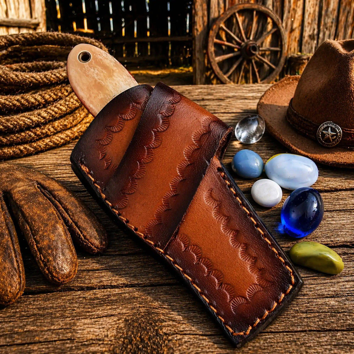 Handmade SHAM KNIVES cowboy bull cutter knife with turquoise and camel bone handle, leather sheath, and stainless steel blade.