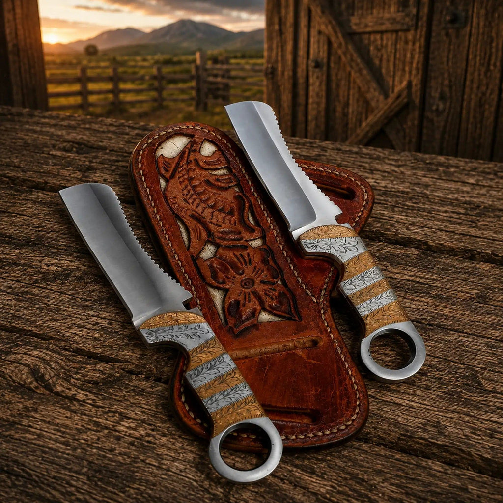 Cowboy Bull Cutter Knife with D2 steel blade and copper engraved handle, shown with pancake sheath, by cskforged.