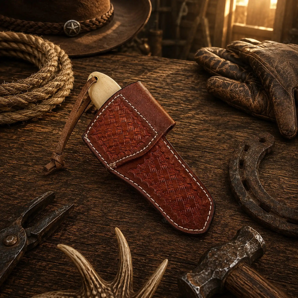 Bull Cutter Knife Damascus Steel Cowboy Ranch Knife – Bone & Turquoise Handle