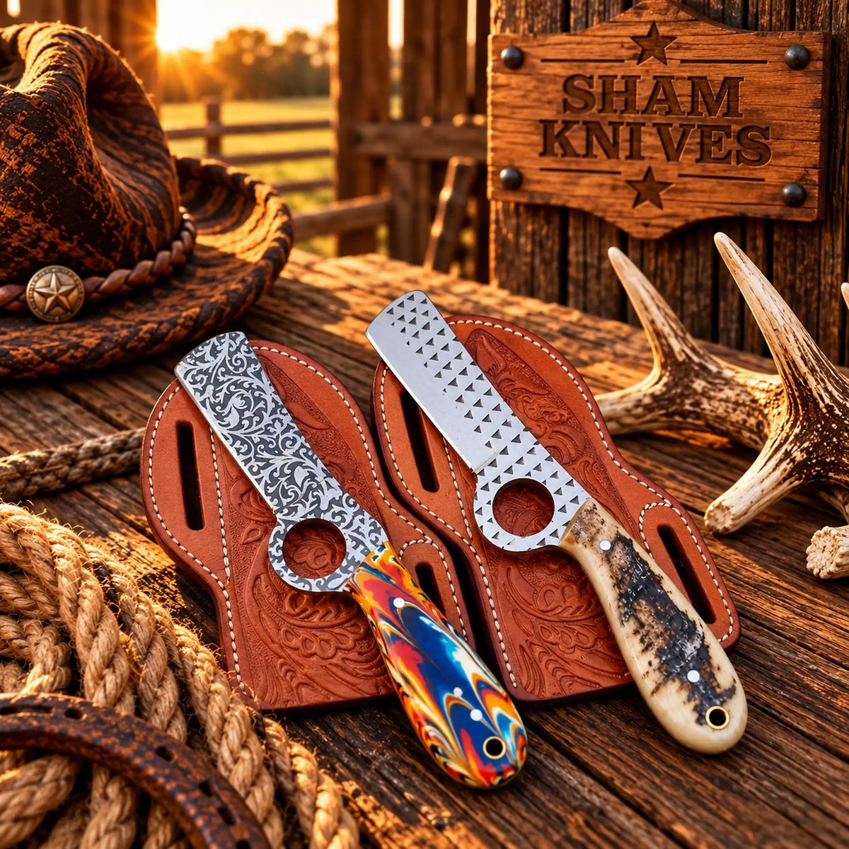 Cowboy Bull Cutter Pair – D2 & Rasp Steel Finger Grip Knives