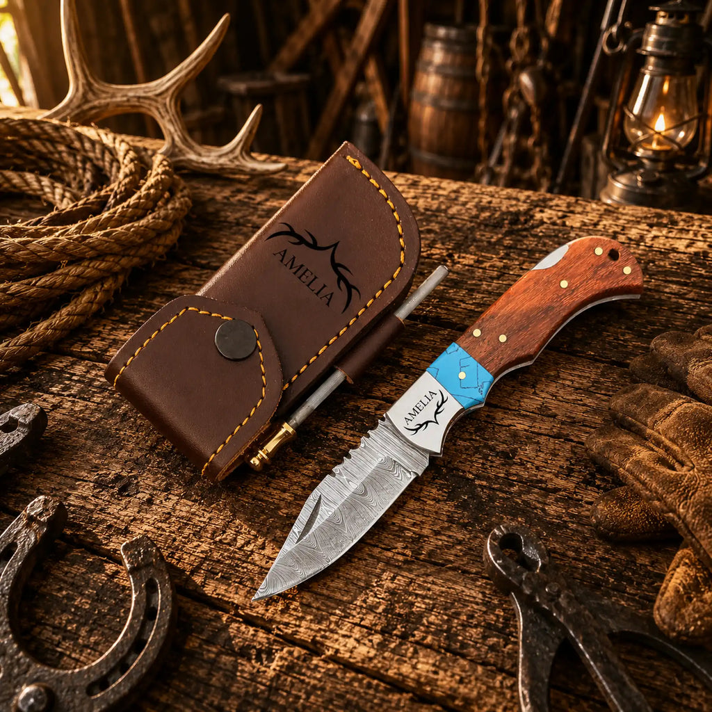 SHAM KNIVES Cowboy Champion Damascus pocket knife with turquoise handle and wood back lock, folding EDC knife for everyday carry.