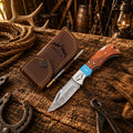 SHAM KNIVES Cowboy Champion Damascus pocket knife with turquoise handle and wood back lock, folding EDC knife for everyday carry.