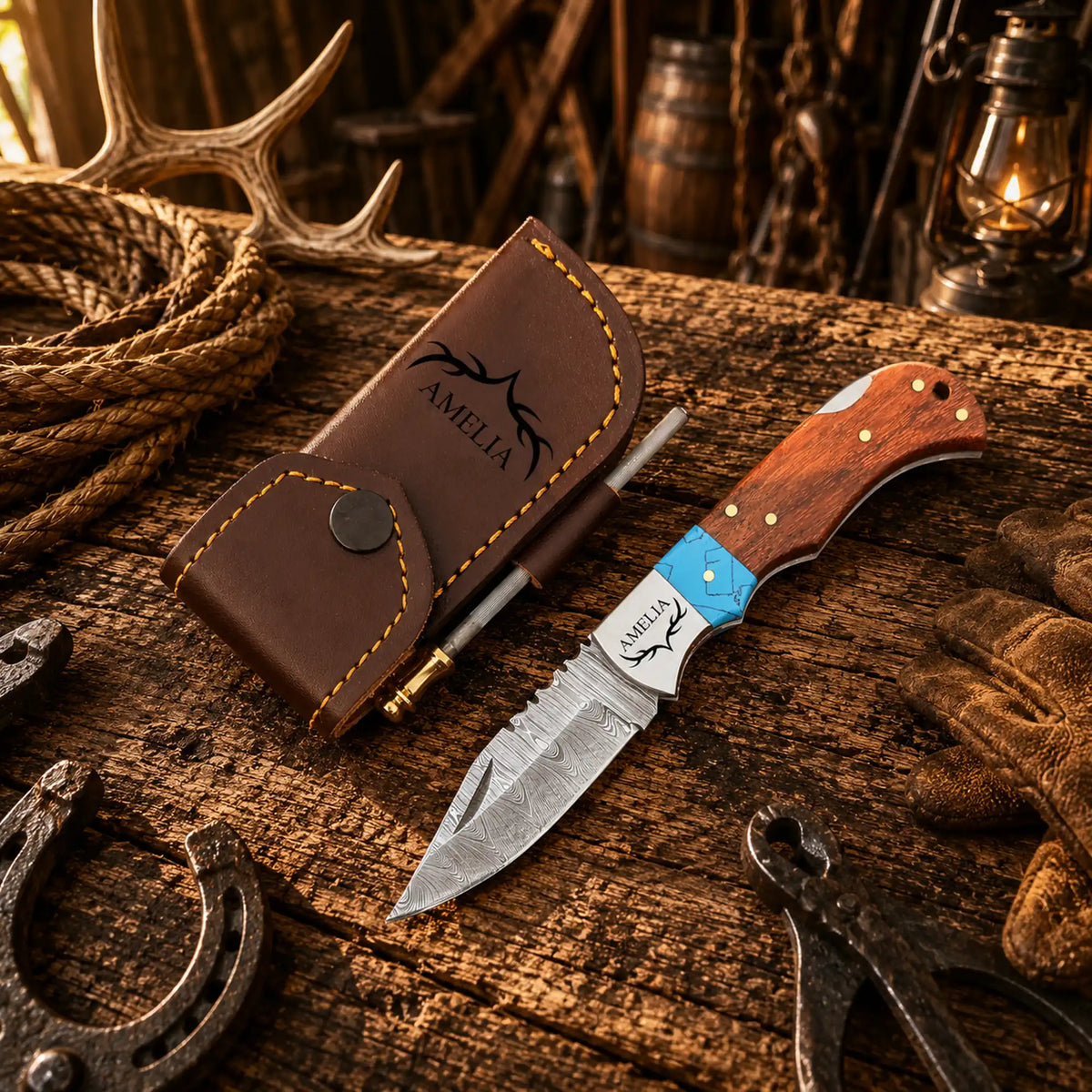 SHAM KNIVES Cowboy Champion Damascus pocket knife with turquoise handle and wood back lock, folding EDC knife for everyday carry.