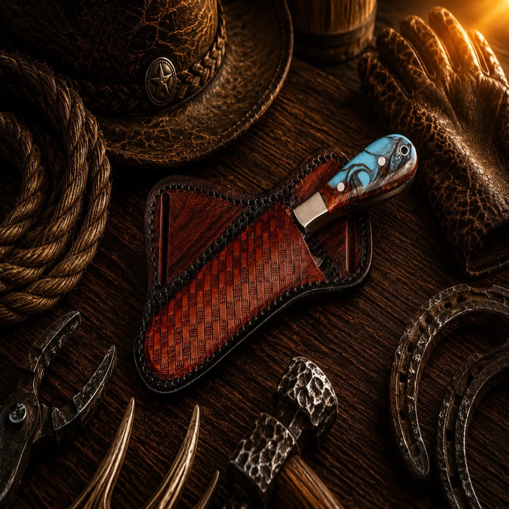 Handmade Damascus Steel Bull Cutter Knife with epoxy resin handle by SHAM KNIVES, featuring a rugged cowboy-inspired design.