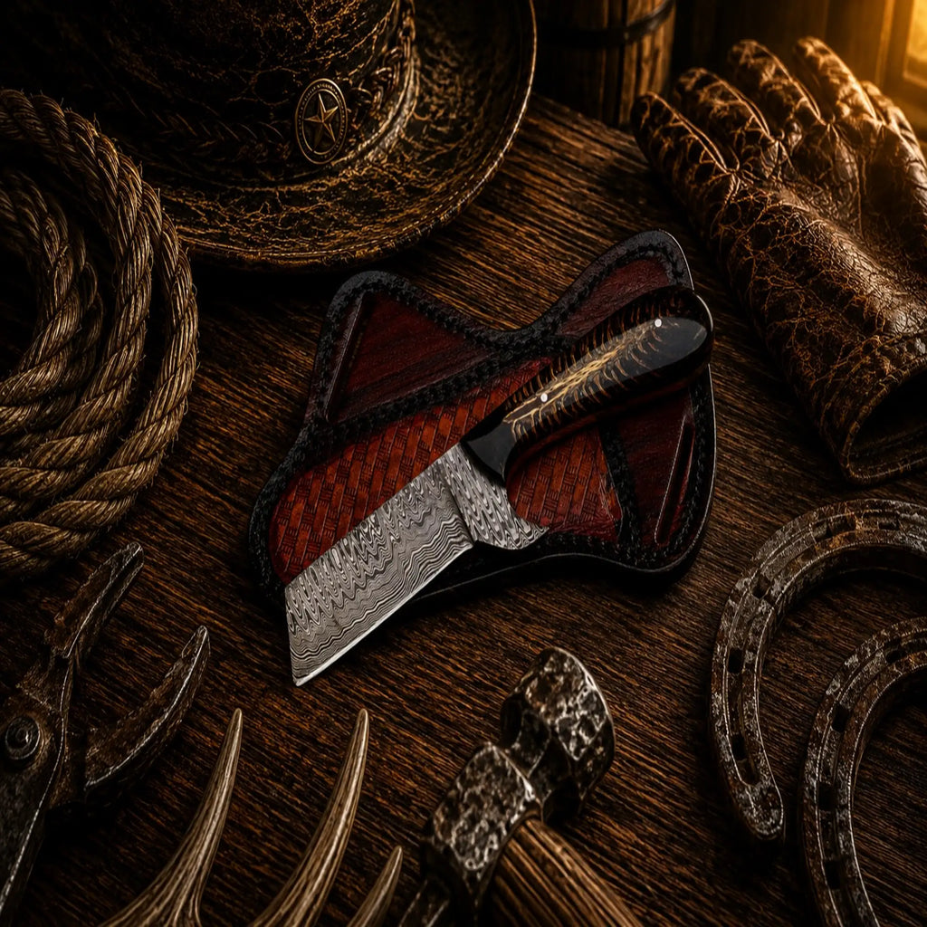 Outlaw Ranch Bull Cutter Knife – Damascus Steel Pinecone Handle