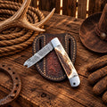 3-Inch Cowboy Damascus Trapper Folding Knife – Stag Horn Handle & Sheath
