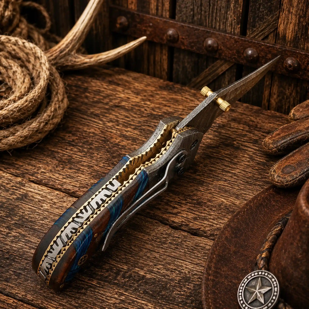 SHAM KNIVES 7.25-inch Western cowboy folding pocket knife with Damascus steel blade and compact wood handle, open and closed views.