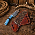 Cowboy Field Skinner Knife – Damascus Steel, Turquoise Resin Handle & Side Carry Sheath
