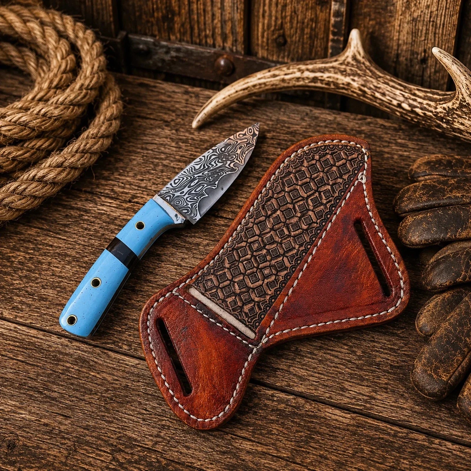 Cowboy Field Skinner Knife – Damascus Steel, Turquoise Resin Handle & Side Carry Sheath