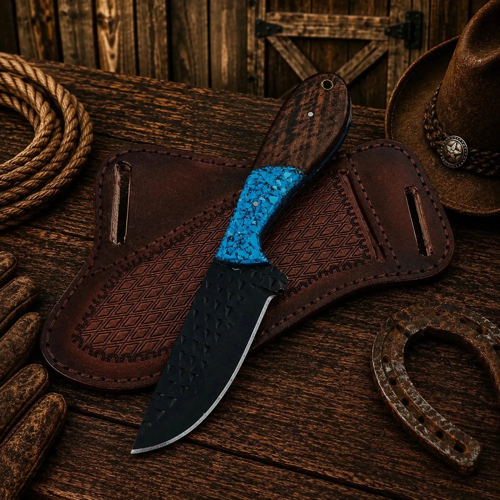 Cowboy Field Working Knife – Black Powder Coated Rasp Steel Blade with Turquoise & wood Handle