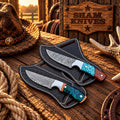 Cowboy Hunting Knife Duo – 4” Damascus Steel & Blue Resin Handle