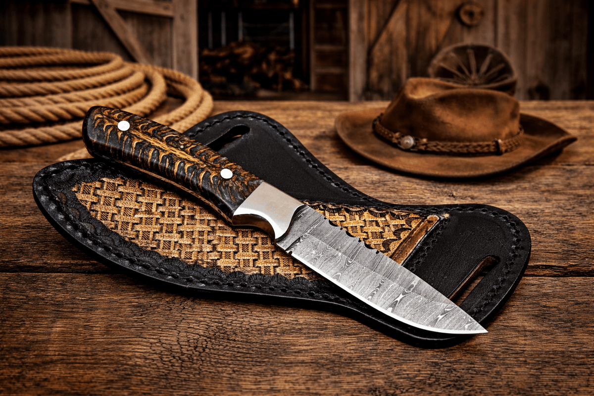 Cowboy hunting sheath knife with 4-inch Damascus steel blade and pinecone handle, designed for rugged outdoor use.