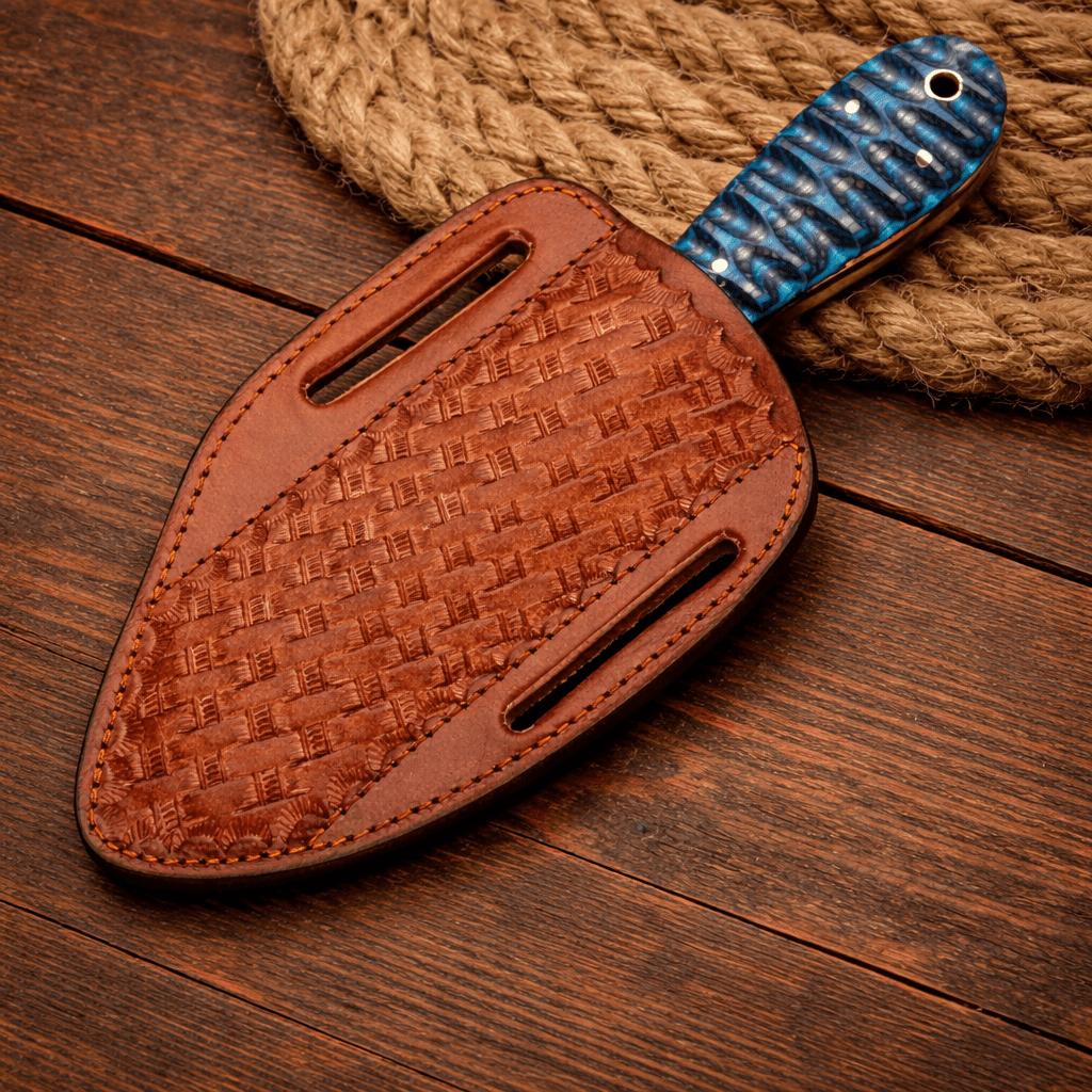 SHAM KNIVES cowboy knife with Damascus steel blade, bullcutter design, includes pancake sheath for traditional outdoor use.