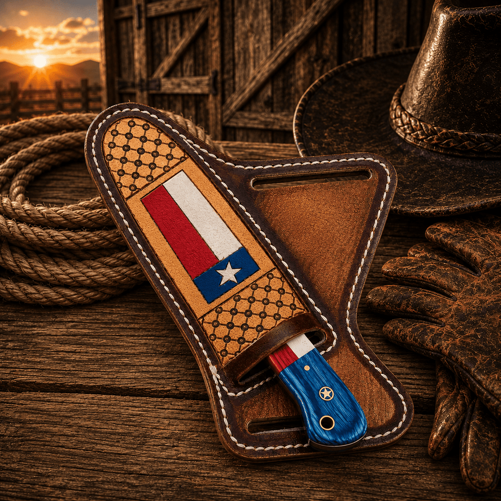 Handmade cowboy knife by SHAM KNIVES with steel blade, flag handle, belt sheath, and Damascus pocket design.