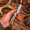 Cowboy Mini Ranch Knife – Rasp Steel with pinecone handle & pancake leather pouch