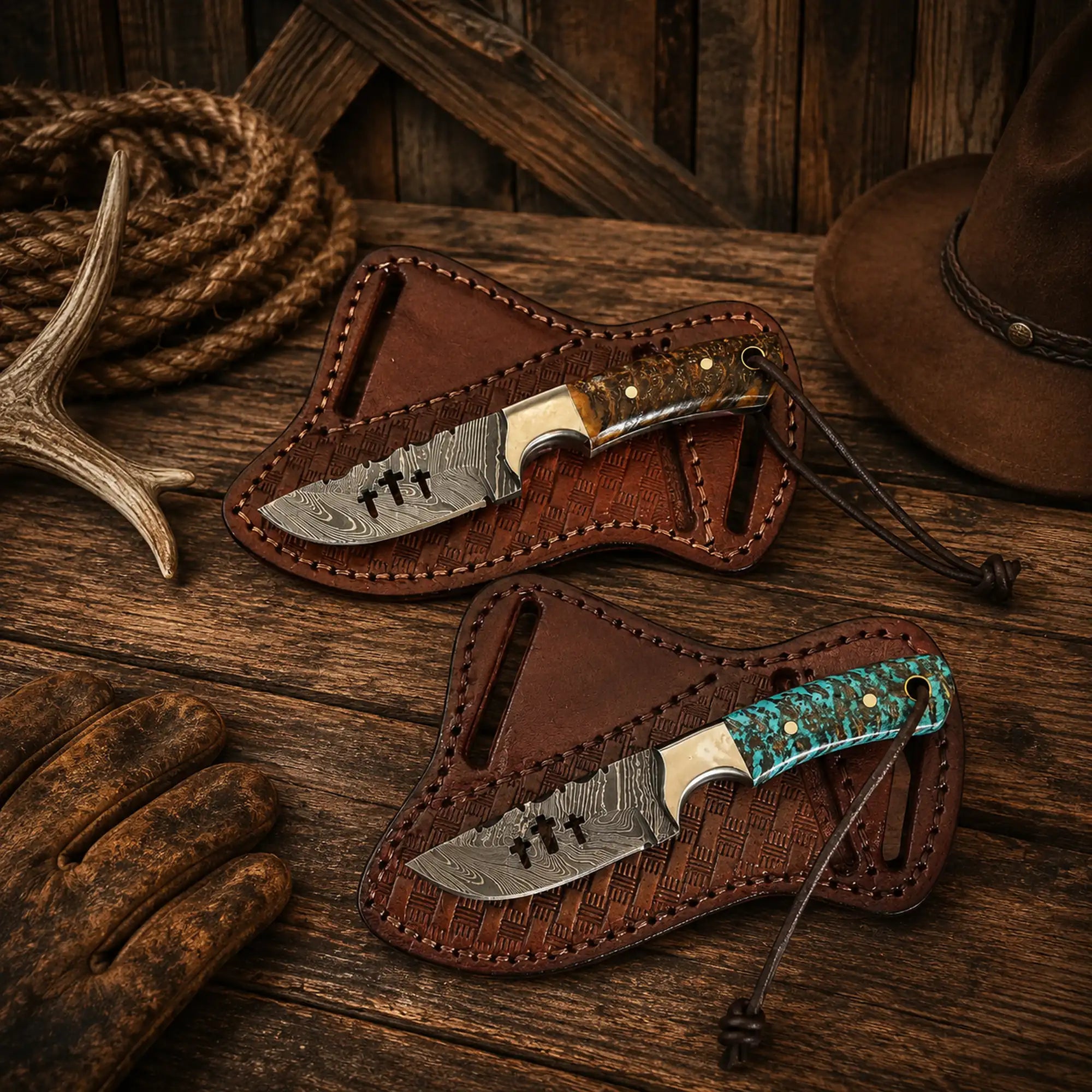 Best Ranch Knife Set – 3.5" Handmade Damascus Steel Knives with Pine Cone Resin Handles