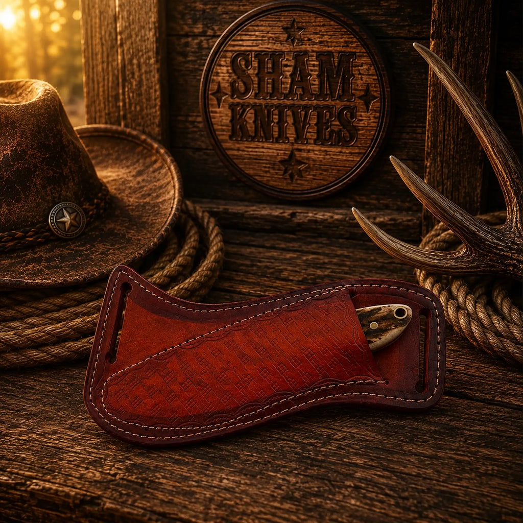 Sham Knives cowboy ranch knife with stag handle, rasp steel blade, and cross-draw leather sheath displayed outdoors.
