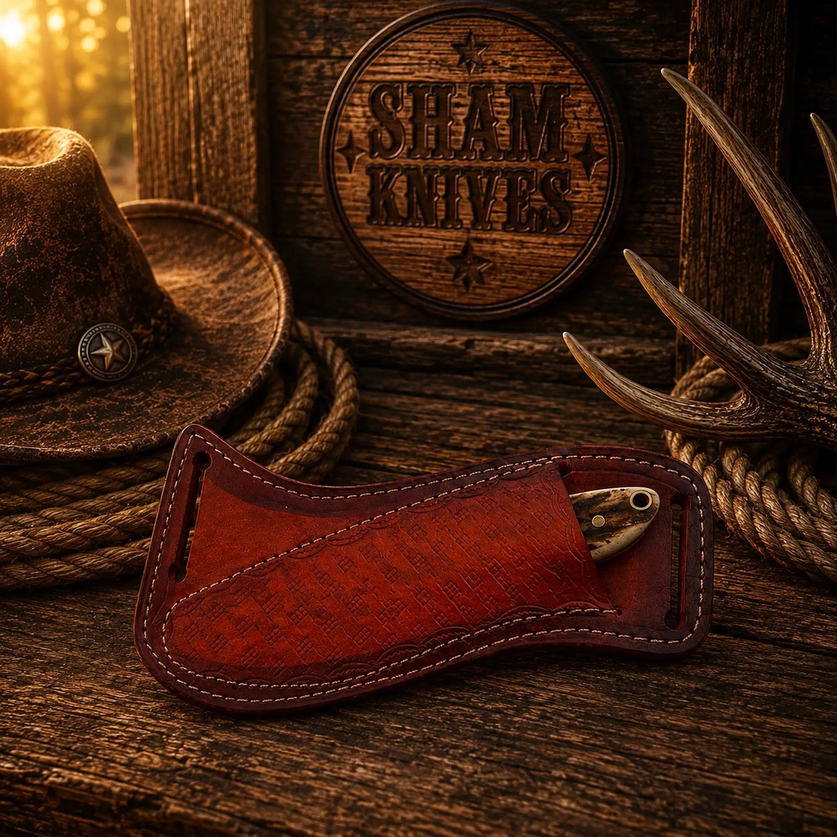 Sham Knives cowboy ranch knife with stag handle, rasp steel blade, and cross-draw leather sheath displayed outdoors.