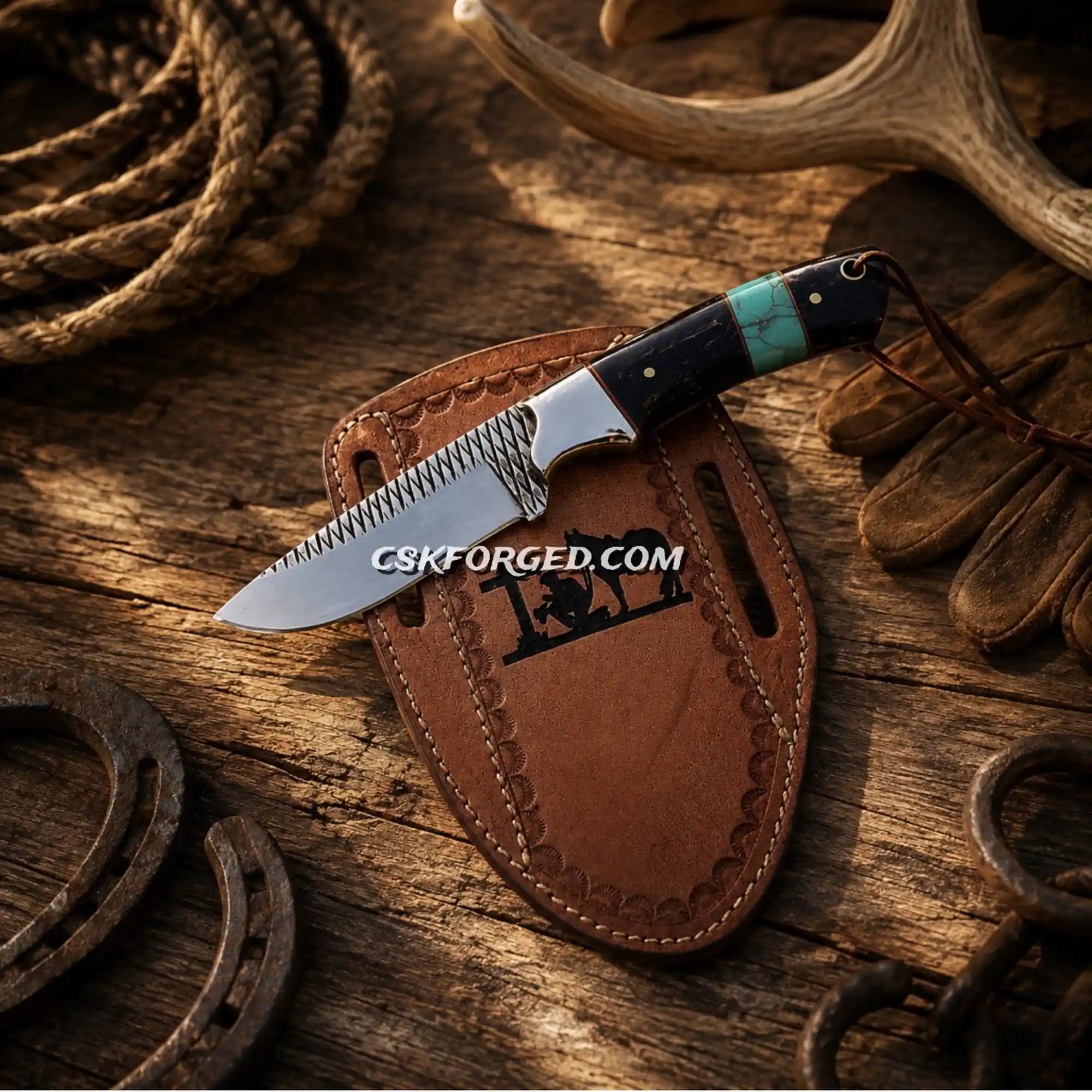 Cowboy Ranch Knife – 4” Rasp Steel Turquoise Inlay Horn Handle