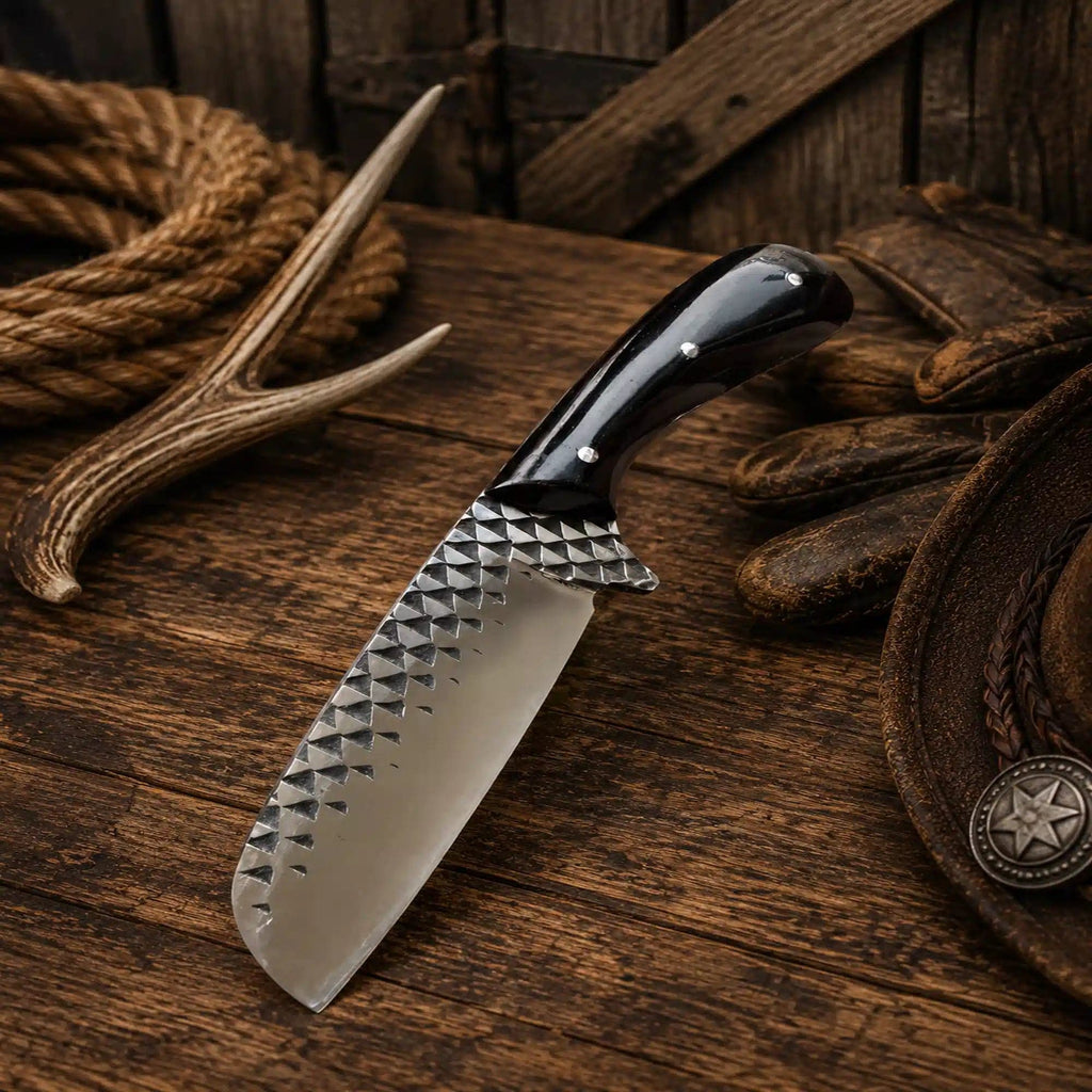 SHAM KNIVES cowboy Rasp File Rodeo Carry Knife with a 3.75-inch blade and buffalo horn handle, featuring a fixed blade design.