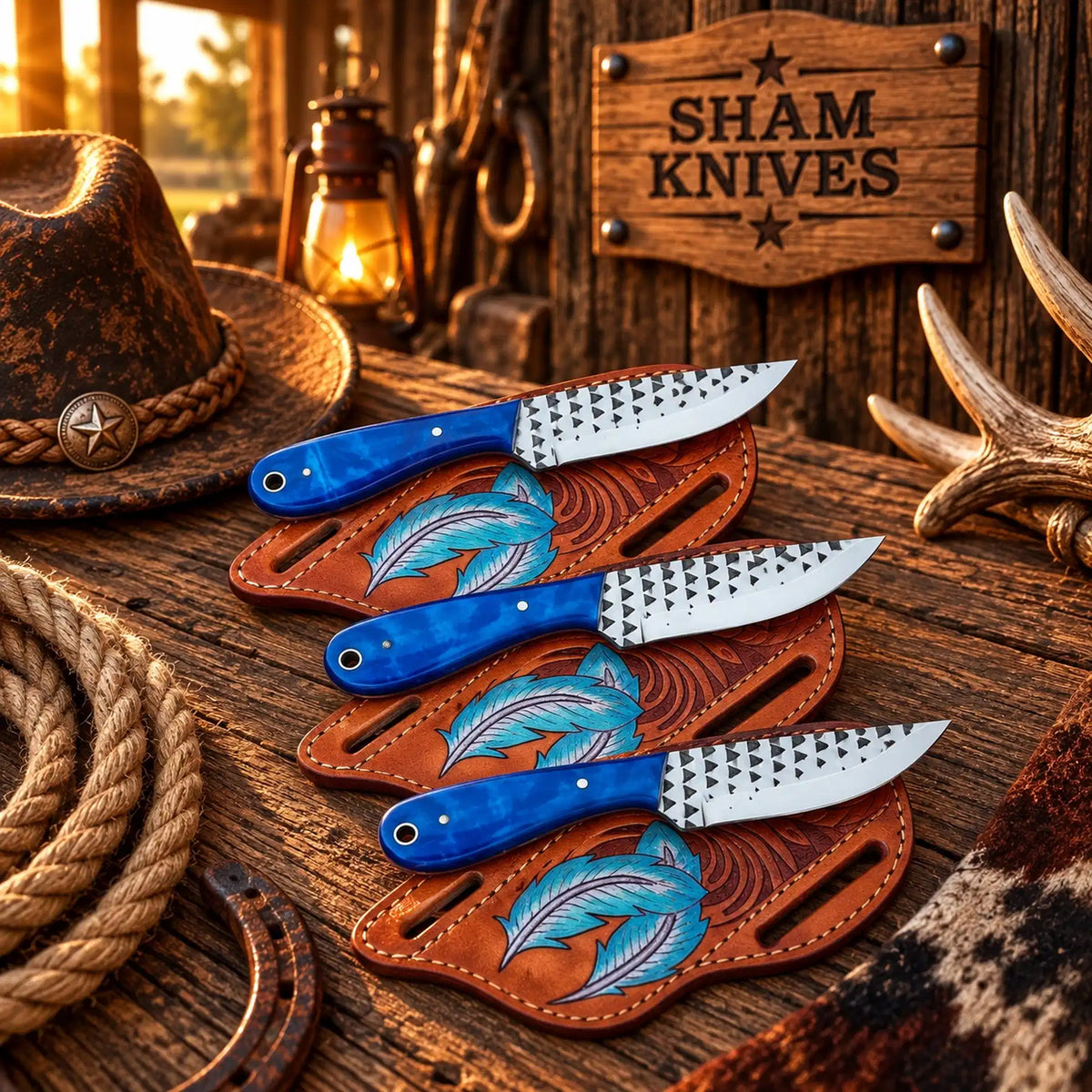 Coyote Creek Rasp Steel Field Dressing Trio blue epoxy handle outdoor knives | Relic & Reel