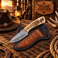 Cross-Draw Damascus Skinner Knife – Sheep Horn Handle & Sheath