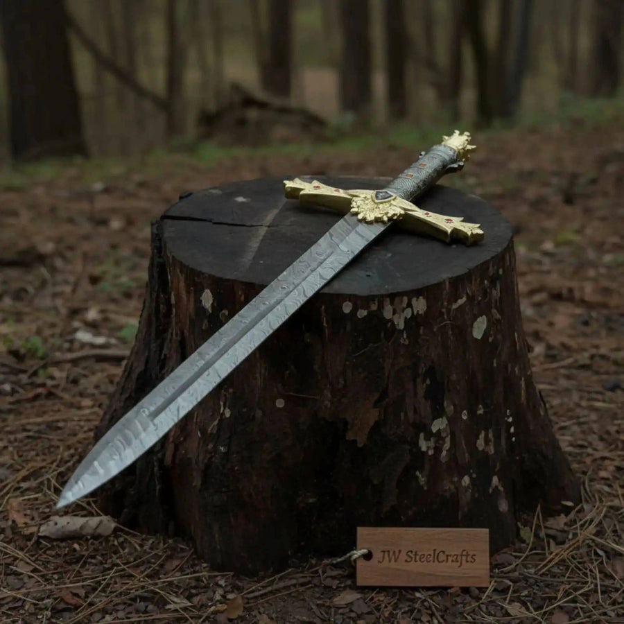 Handmade Golden Crusade Sword by JW SteelCrafts featuring Damascus steel blade and intricate design, authentic Crusader sword replica.