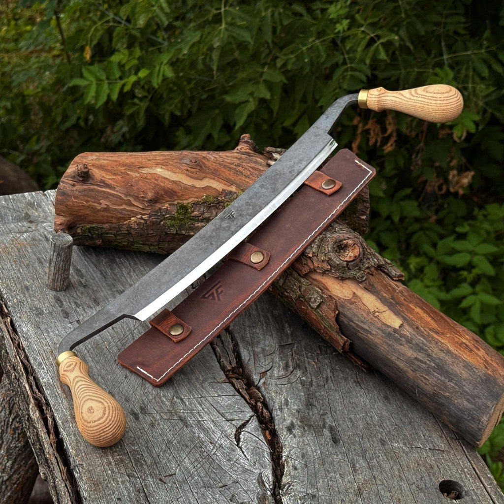 Sharky Forged Steel Tools curved draw knife with 25.5 cm (10 inch) cutting edge, tool set for woodworking and shaving projects.