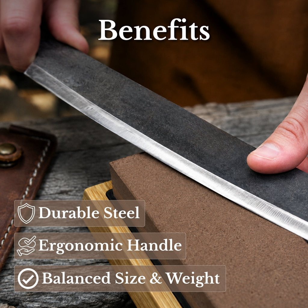 Curved draw knife with 25.5 cm cutting edge from Sharky Forged Steel Tools, ideal for shaping and carving wood.