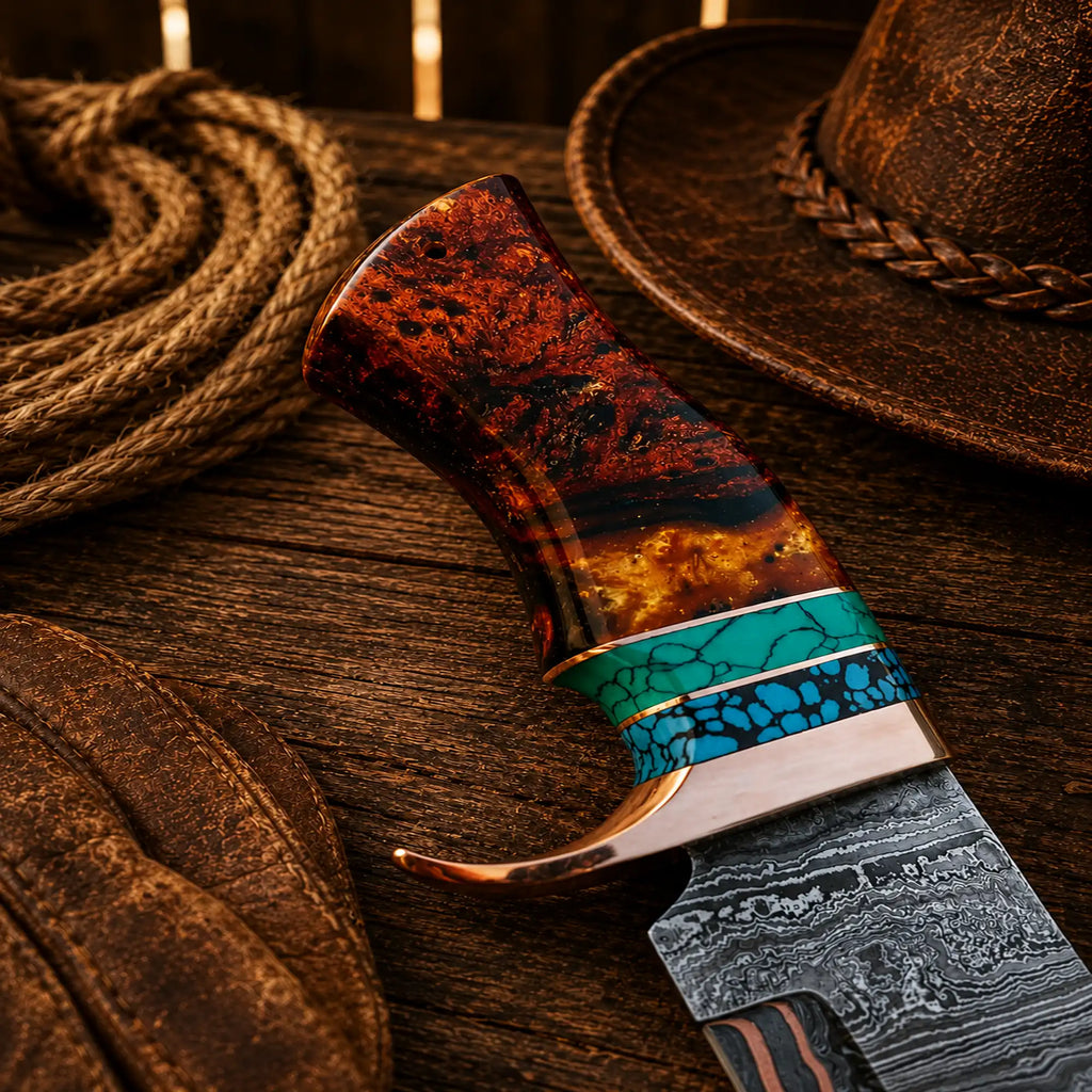 Copper Damascus Hunting Knife – Turquoise & Resin Bowie