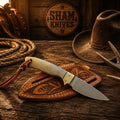 Custom Buckaroo Skinning Belt Knife by SHAM KNIVES with D2 steel blade and mountain sheep horn handle for outdoor hunting tasks.