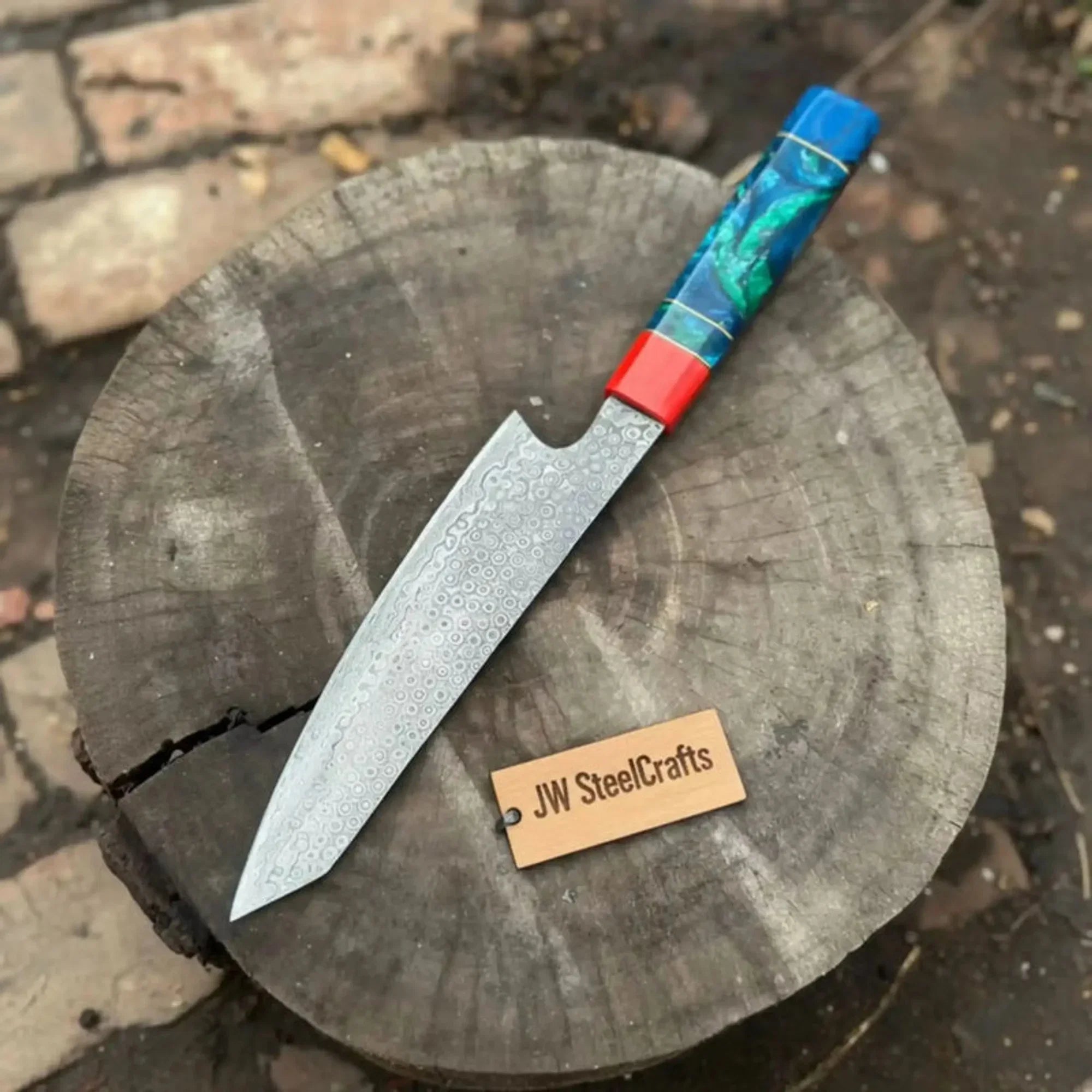 Kiritsuke Style Chef Knife Raindrop Damascus Steel Blade Epoxy Resin Handle | Japanese Kitchen Knife