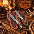 Custom Damascus Cowboy Skinning Knife Set – Pinecone Handles & Sheaths