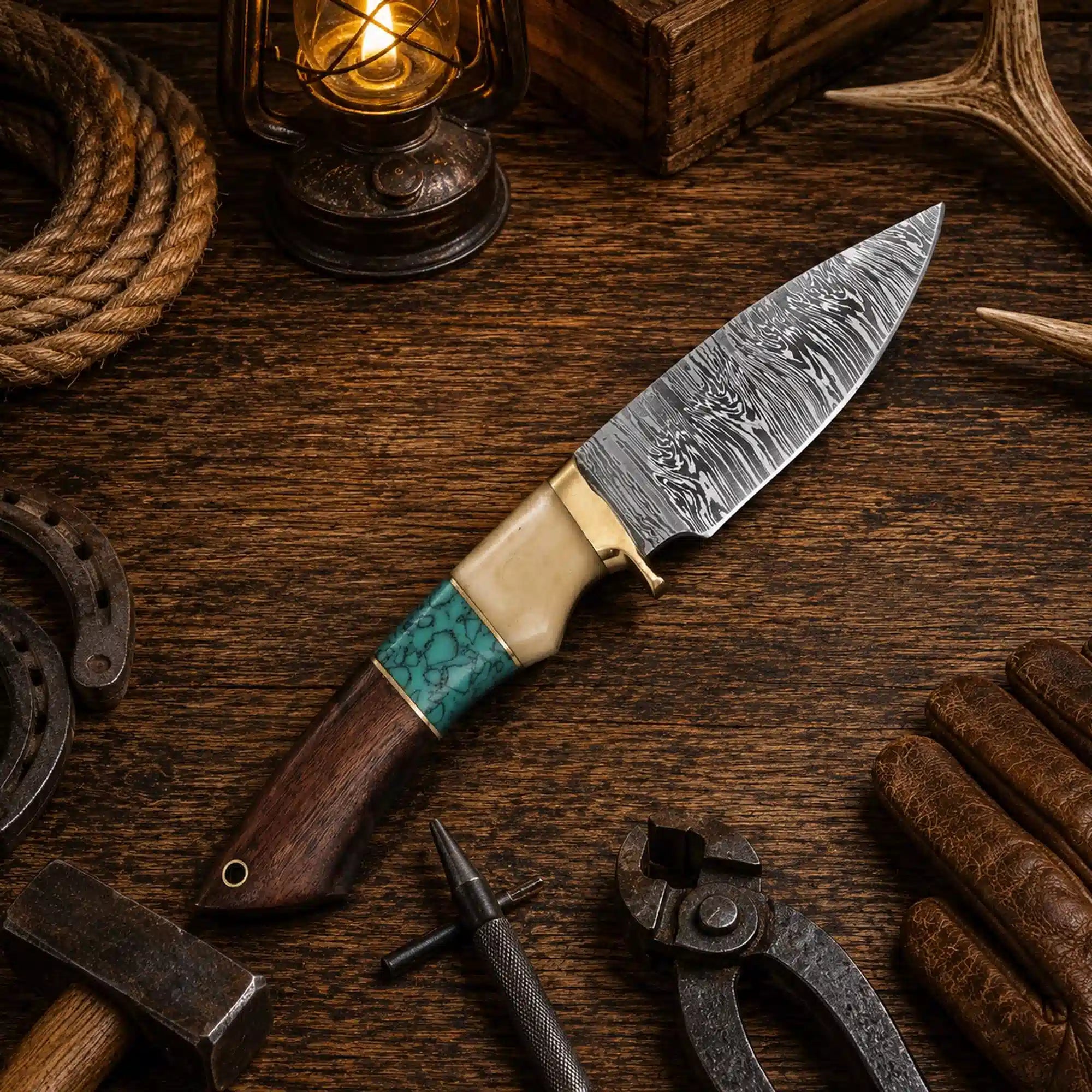 Custom Damascus Hunting Knife – Turquoise & Rosewood Handle