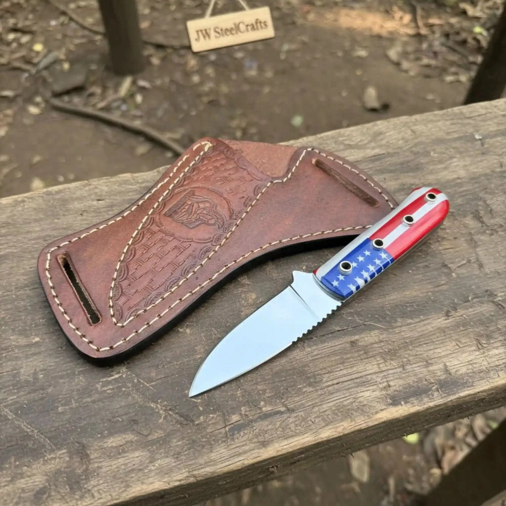 Custom Fixed Blade Knife – Drop Point Outdoor EDC with USA Flag Handle and Leather Sheath