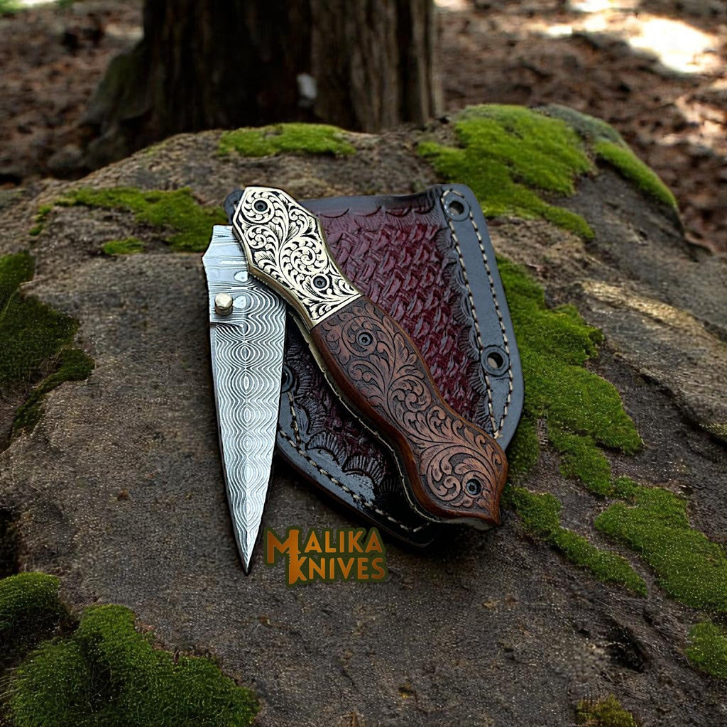 Hand-Engraved Damascus Steel Folding Knife – Custom EDC with Engraved Wood Handle-8010