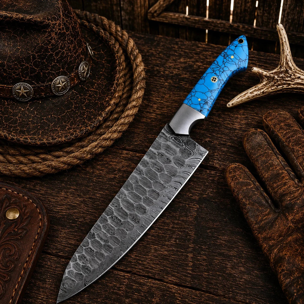 Custom hand-forged Damascus chef knife with turquoise handle and steel bolster by SHAM KNIVES, showcasing a sharp, high-quality kitchen knife.