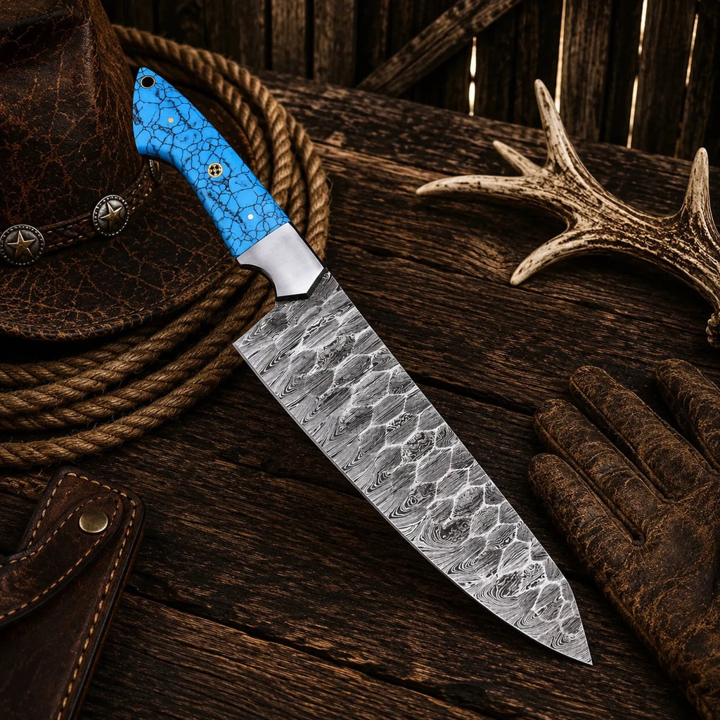 Custom hand-forged Damascus chef knife with a turquoise handle and steel bolster, showcasing its sharp blade and elegant design.
