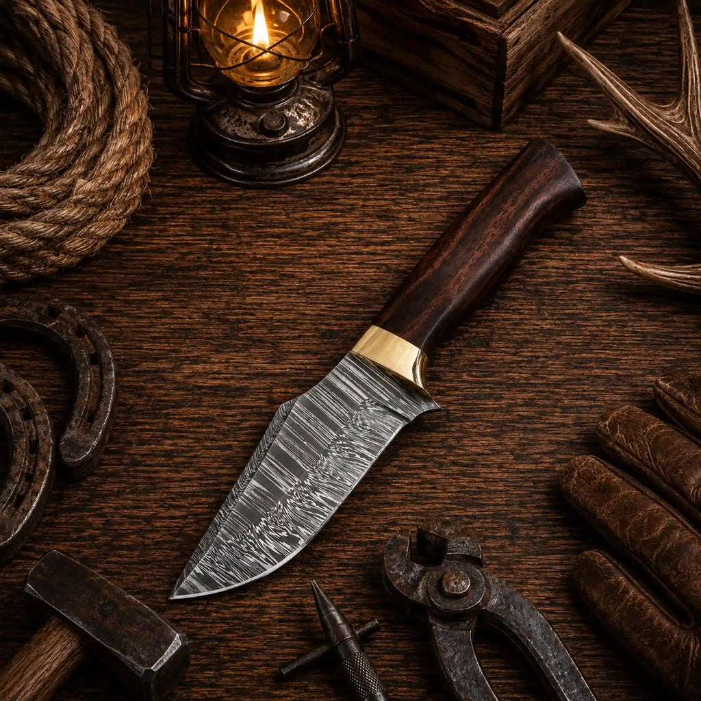 Custom handmade Damascus steel fixed blade hunting and survival knife by SHAM KNIVES, featuring a detailed Damascus steel blade and sturdy handle.
