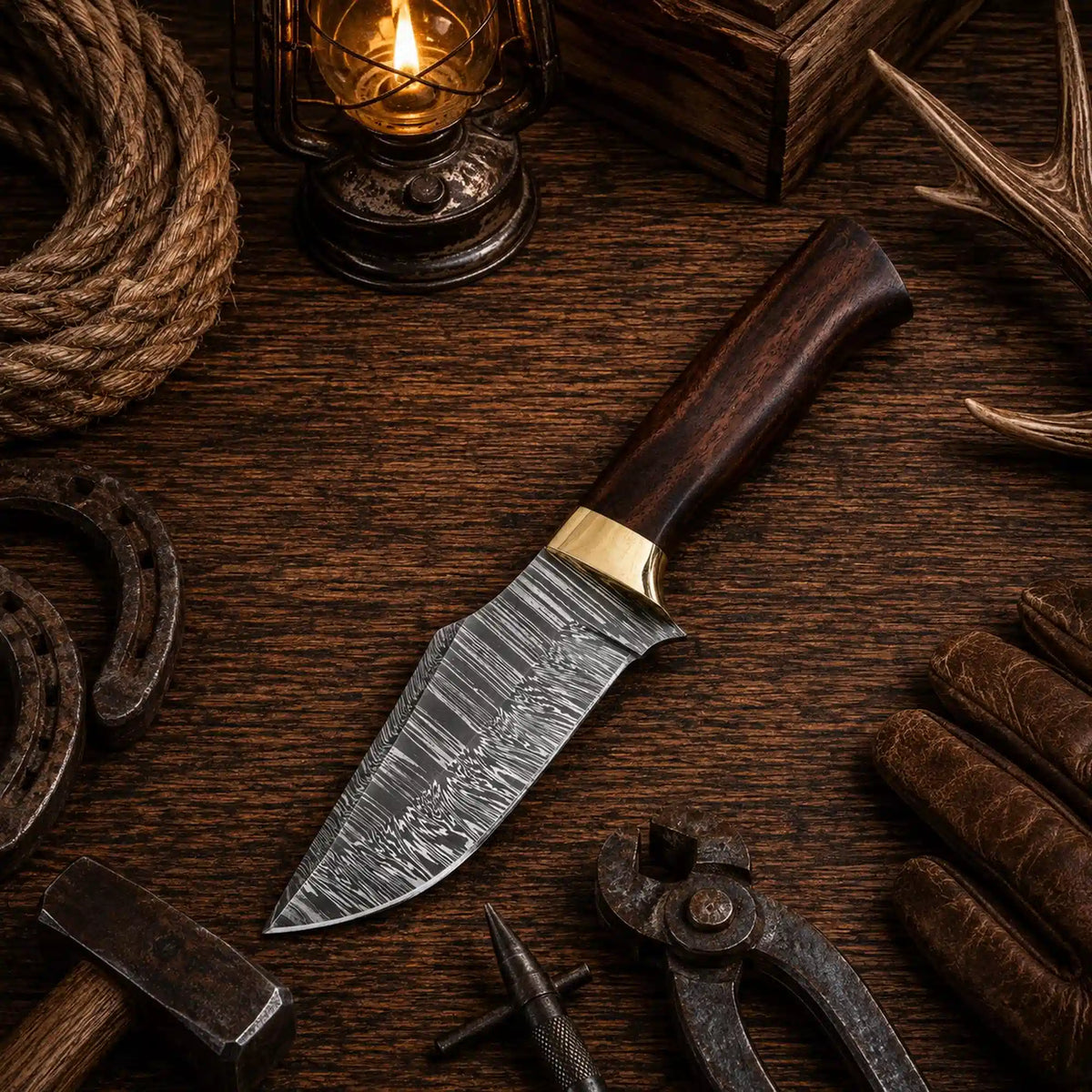Custom handmade Damascus steel fixed blade hunting and survival knife by SHAM KNIVES, featuring a detailed Damascus steel blade and sturdy handle.