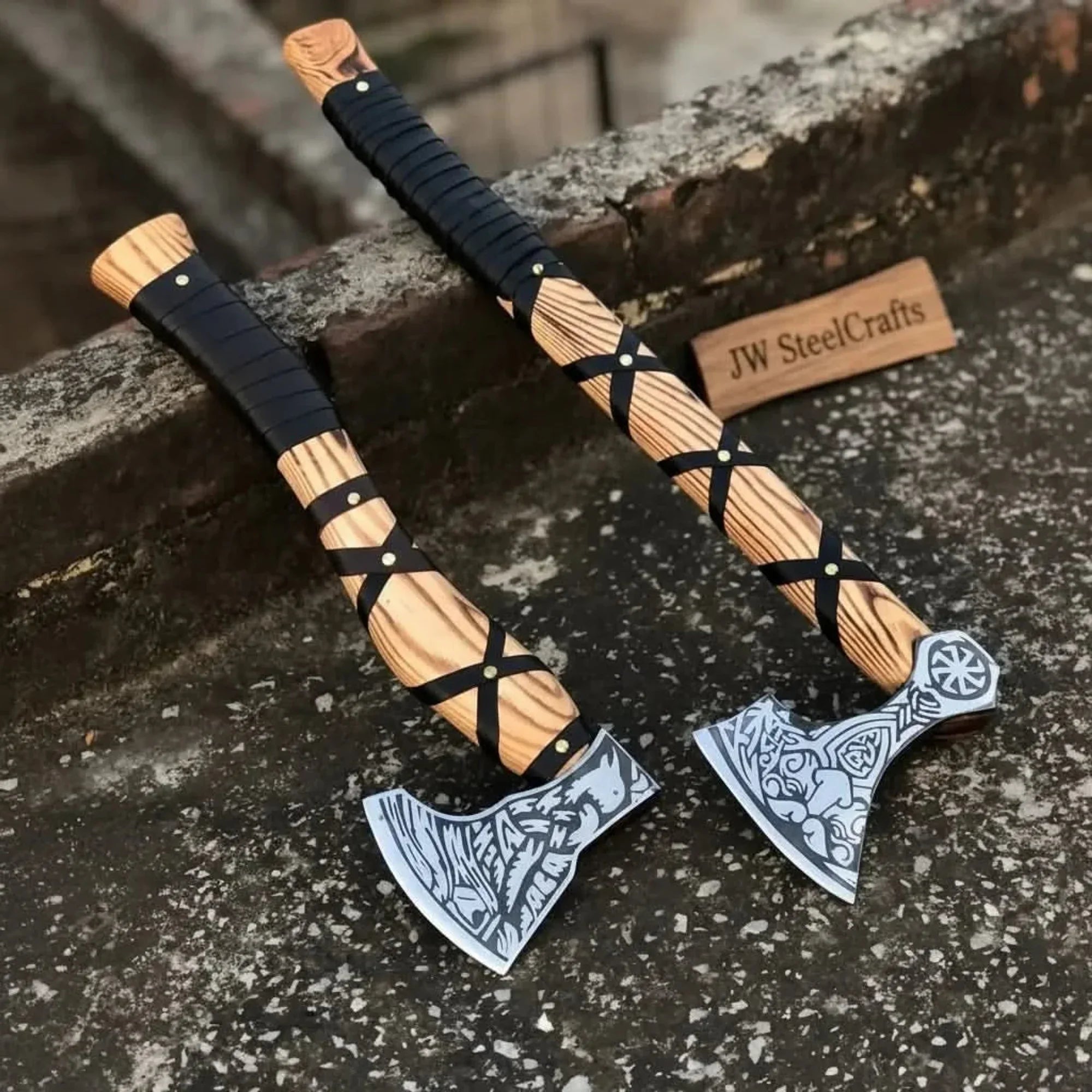 Fenrir Wolf Viking Axe Pair with Acid Etched Bearded Heads