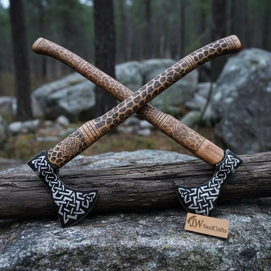 Engraved Viking Throwing Axe Set, Pair of Norse Knotwork Hatchets with Carved Hardwood Handles | JW SteelCrafts