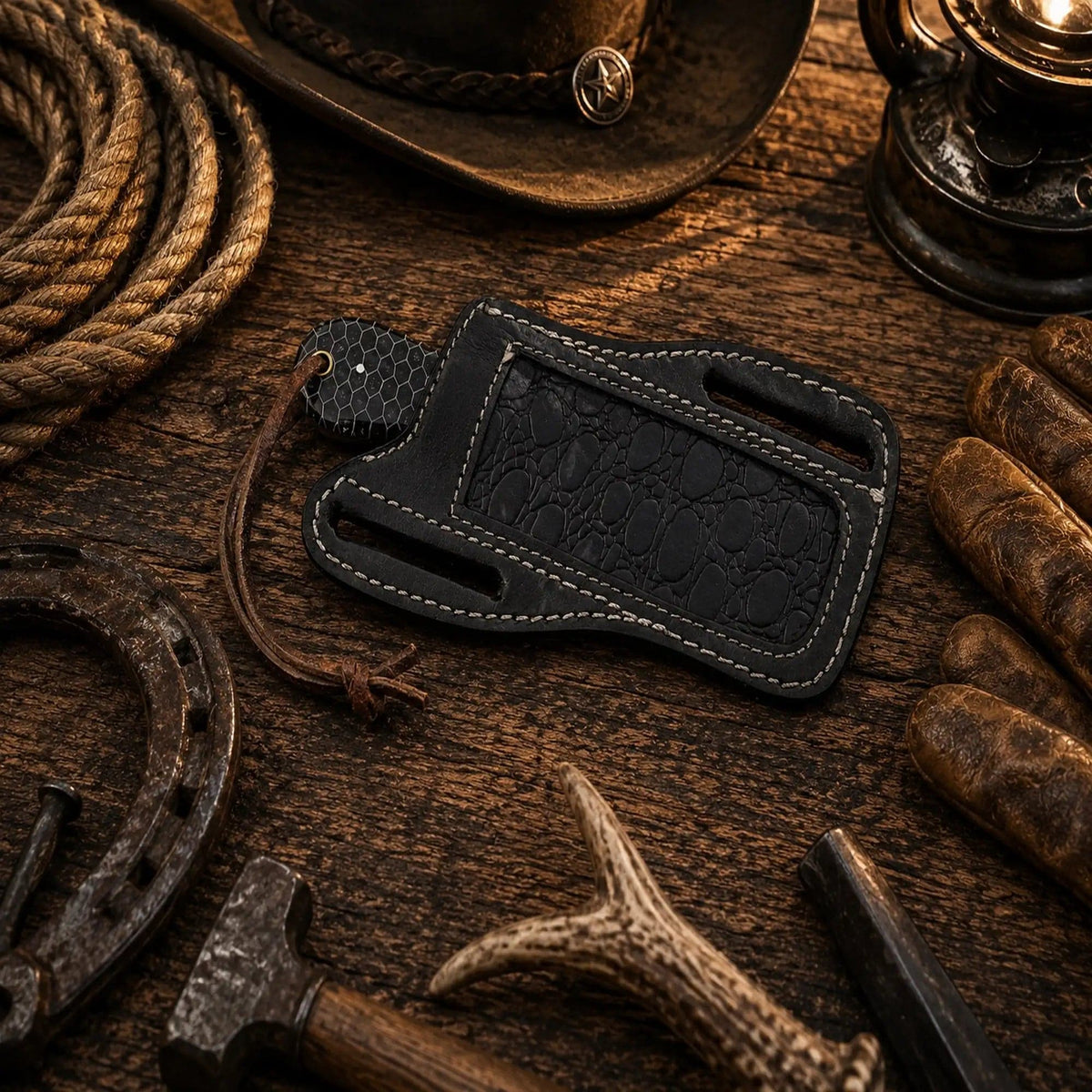 Handmade SHAM KNIVES bull cutter with D2 powder-coated blade, honeycomb handle, and front pancake leather sheath.