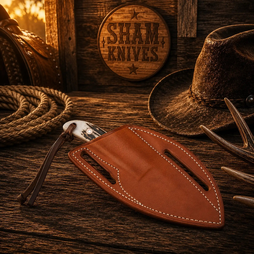 SHAM KNIVES Buckaroo Ranch Skinning Knife with 4-inch D2 full tang blade, antler handle, and leather belt sheath.