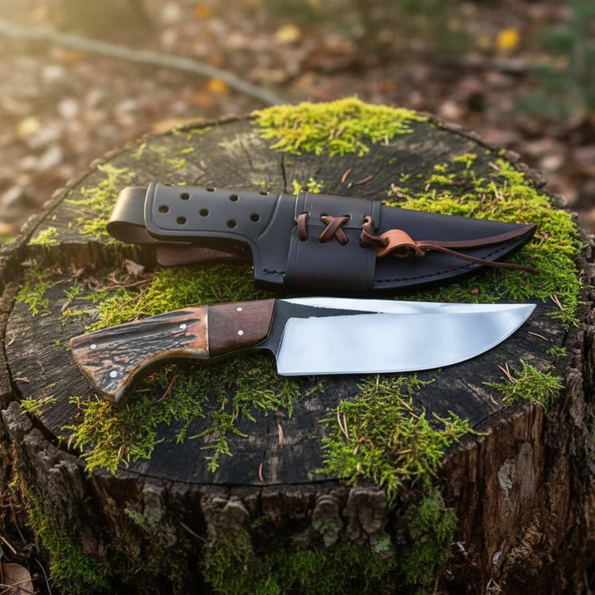 D2 Hunting Knife Antler Handle Rosewood Full Tang