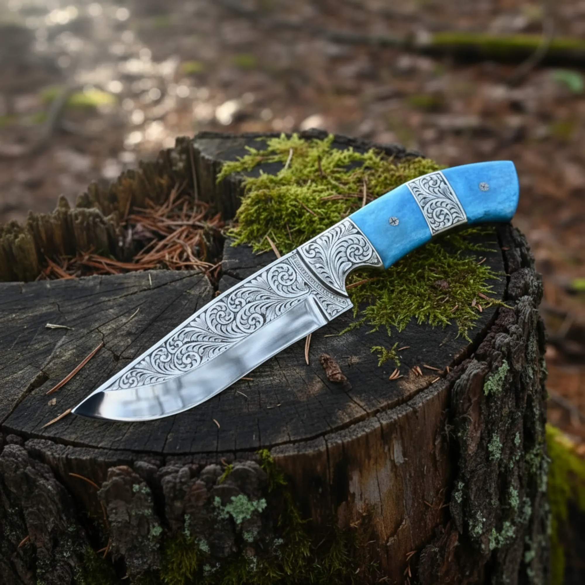 Hand Engraved D2 Hunting Knife Tinted Camel Bone Handle