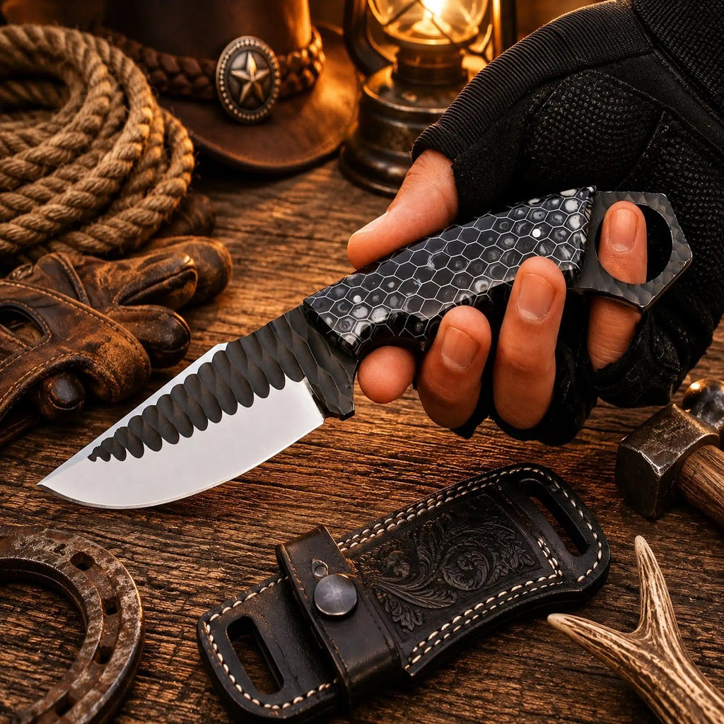 SHAM KNIVES Honeycomb Ranch hunting knife with D2 powder-coated blade and horizontal leather sheath for outdoor use.