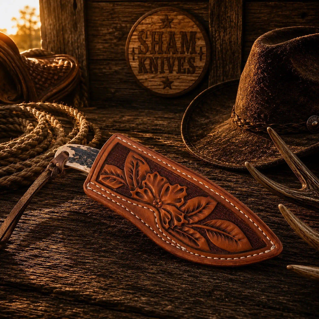 SHAM KNIVES Ranch Buckaroo Knife with 3-inch D2 steel blade, stag horn handle, and turquoise accents in a leather sheath